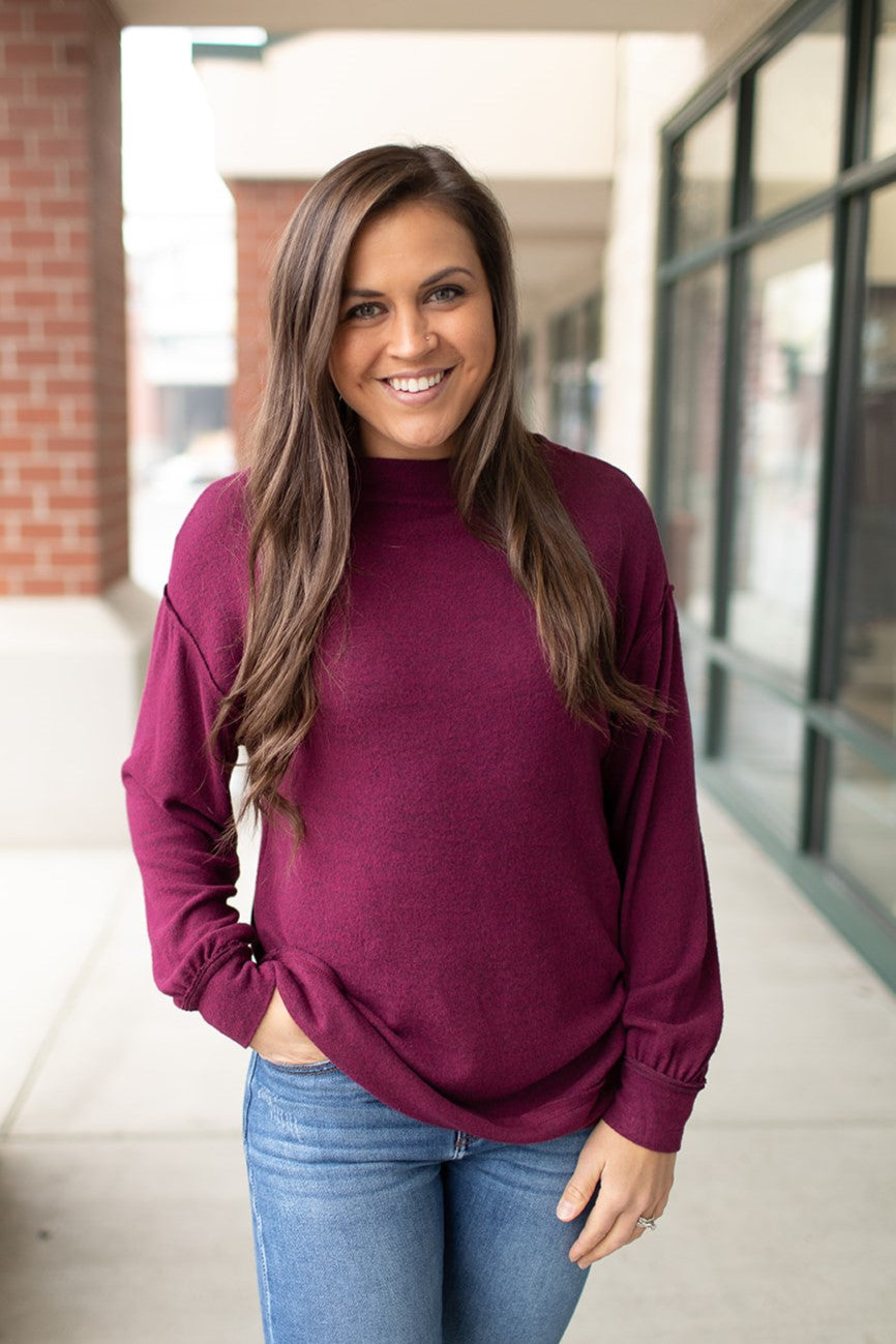 Burgundy Brushed Boatneck Slouchy Pullover Sweater (SM-3X)