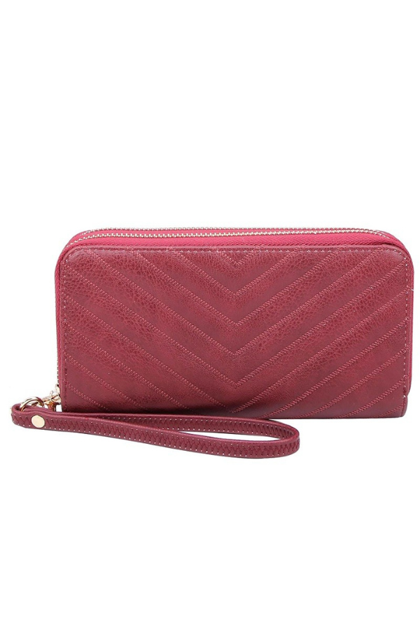 Burgundy Quilted Chevron Double Zip Wristlet Wallet - STB Boutique
