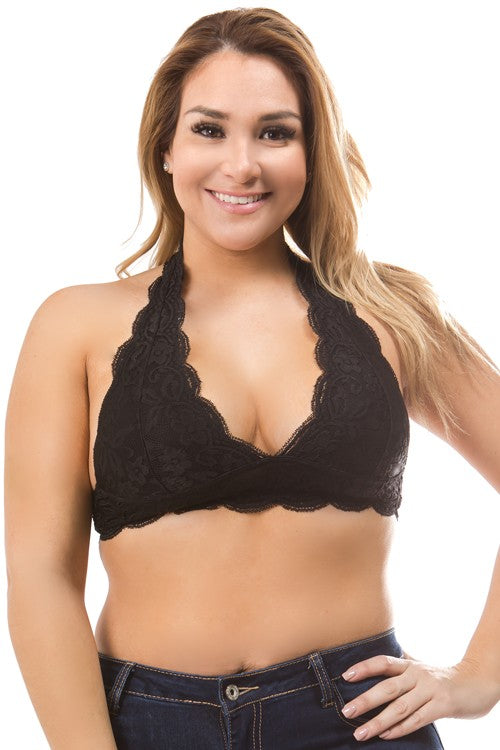 Mesh and Scalloped Lace Bralette - Black