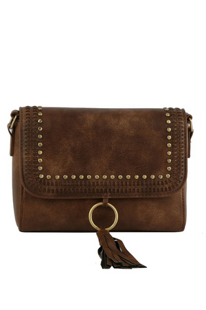 Brown Studded Tassel Flap Crossbody Bag