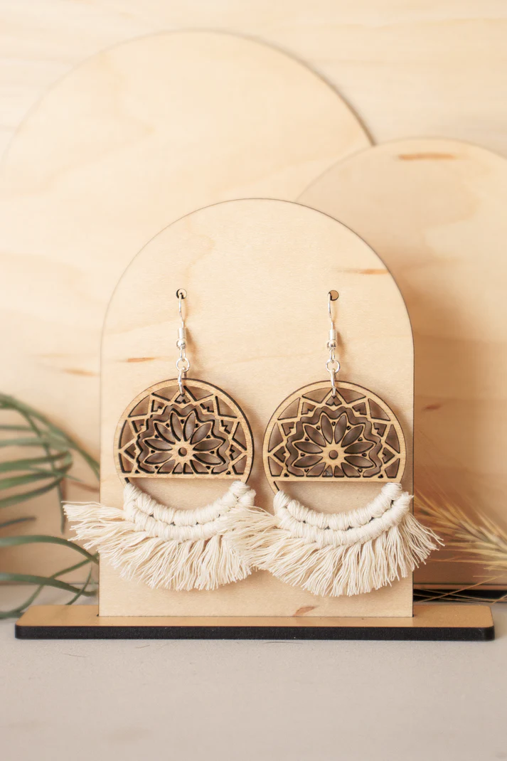 Mandala Macrame Wood Dangle Earrings