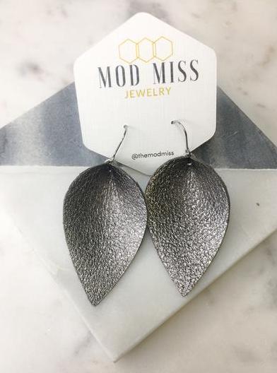 metallic gray petal leather earrings