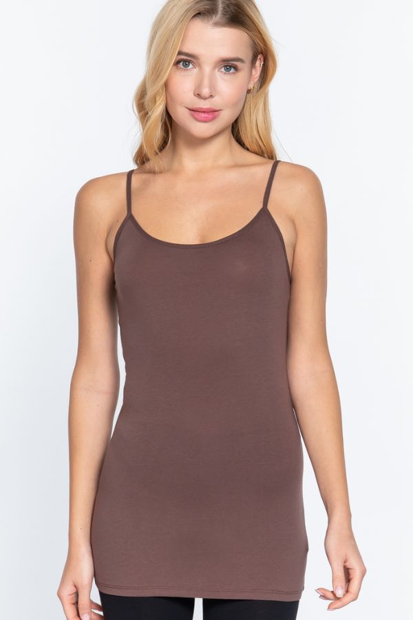 Olive Basic Cotton Long Adjustable Spaghetti Strap Cami Tank - STB Boutique